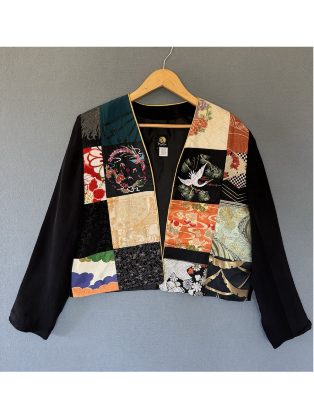 Anne Namba L Kimono Obi Patchwork Jacket Embroidered Crane Art to Wear Black